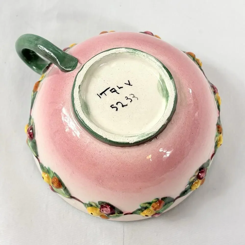 Vtg Italian Majolica Tea Cup & Saucer Pink Fruit Relief Pears Berries Italy 5233